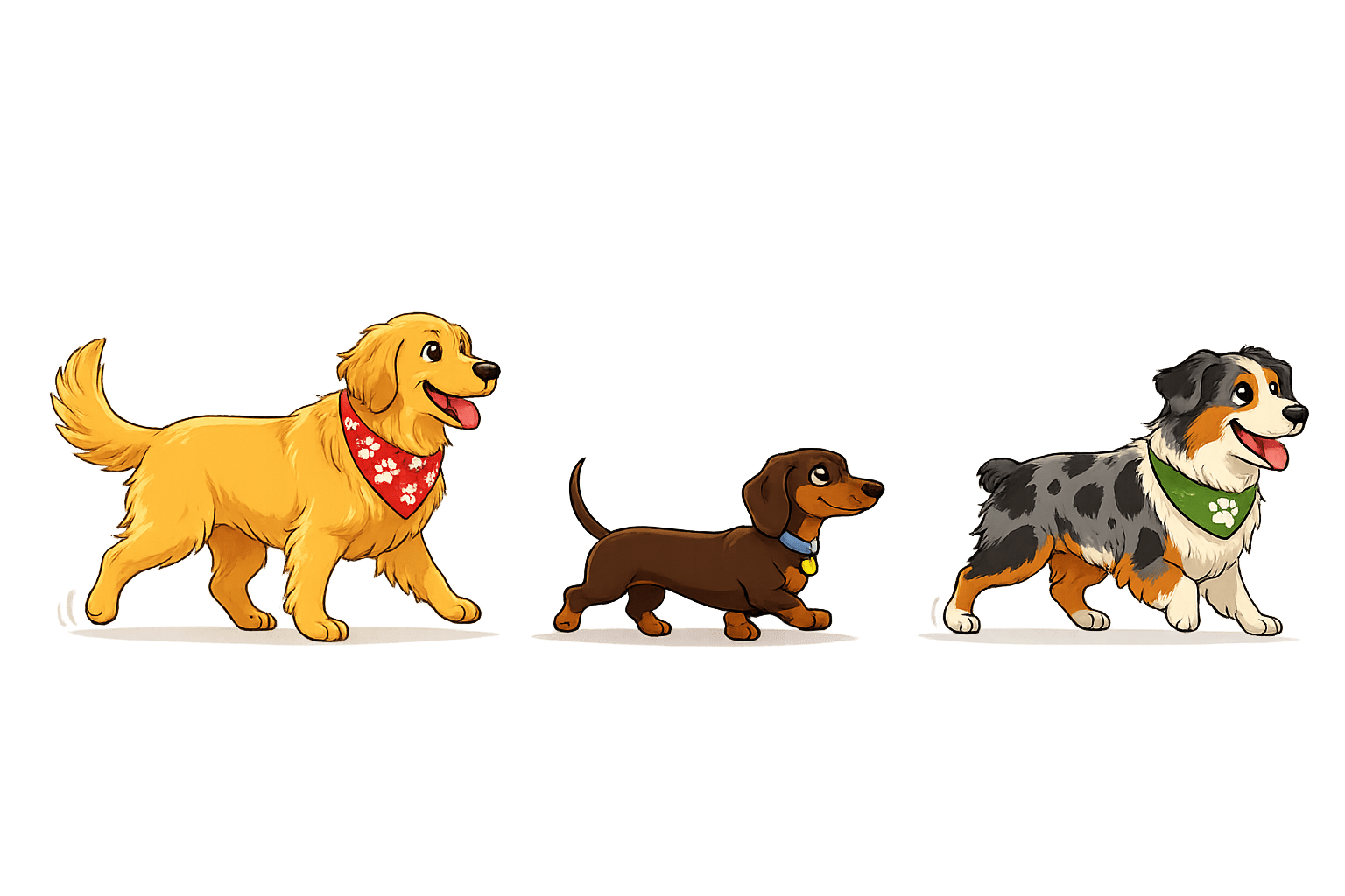 Three cartoon dogs walking through the park